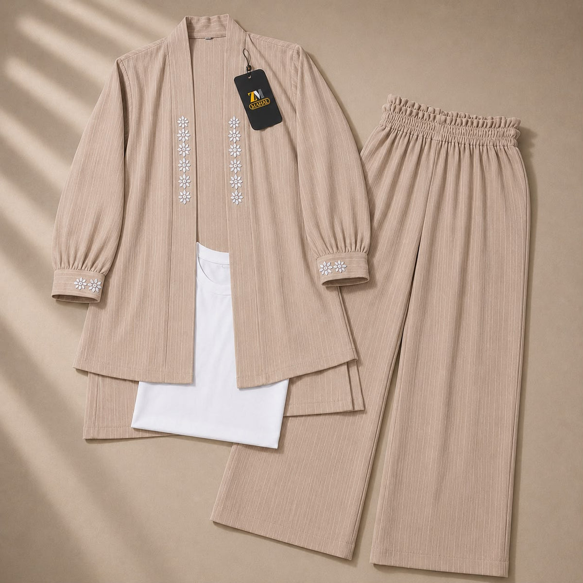 Beige georgette wide-leg co-ord set with floral embroidery