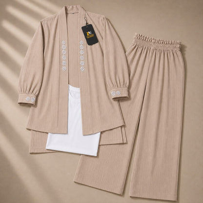 Beige georgette wide-leg co-ord set with floral embroidery