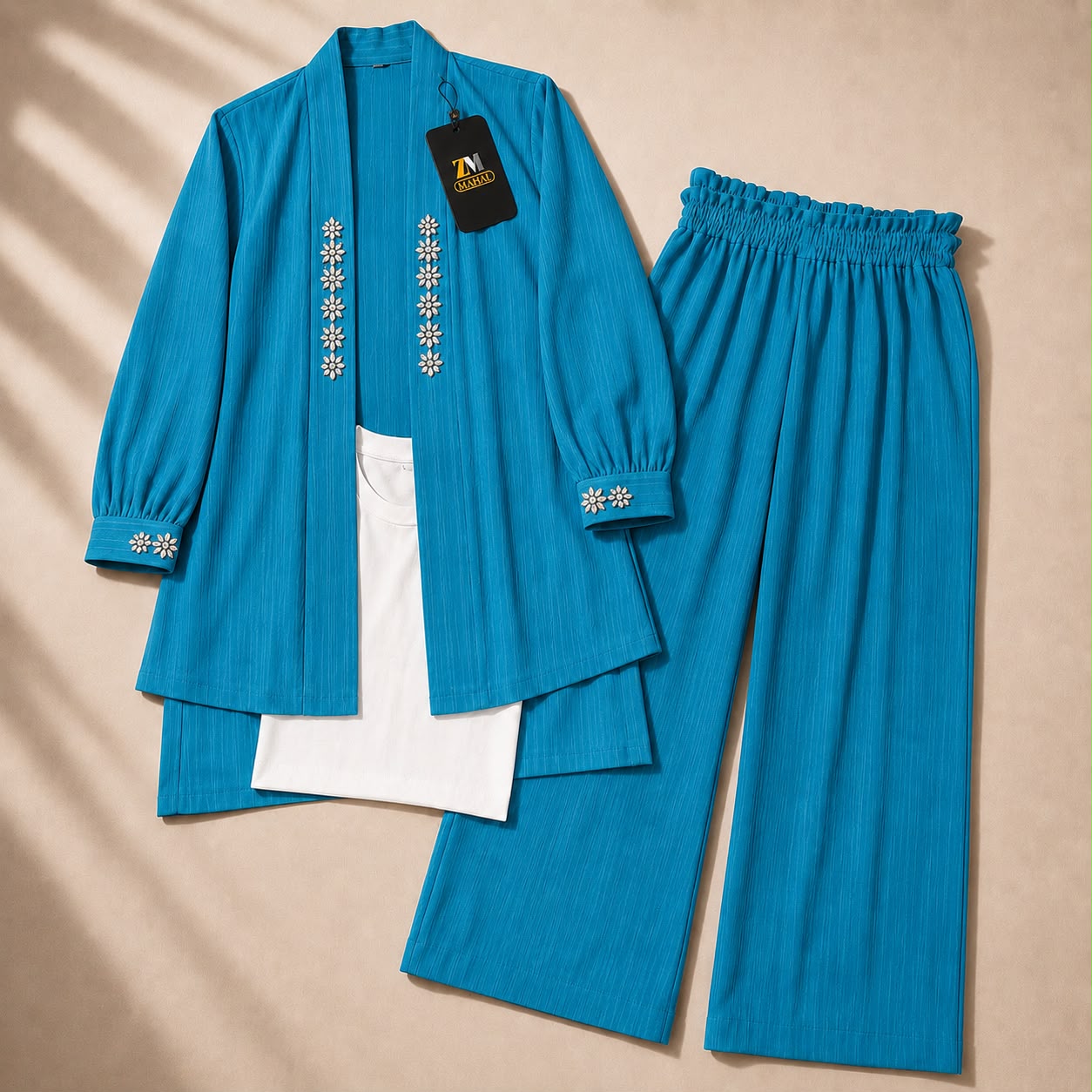 Light blue georgette wide-leg co-ord set with embroidered shrug