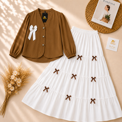 Camel Brown Ribbon Charm 2-Piece Skirt Set with Tiered Skirt