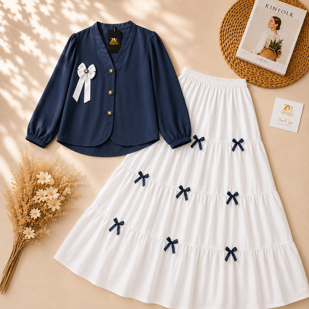 Navy Blue Premium 2-Piece Bow Skirt Outfit