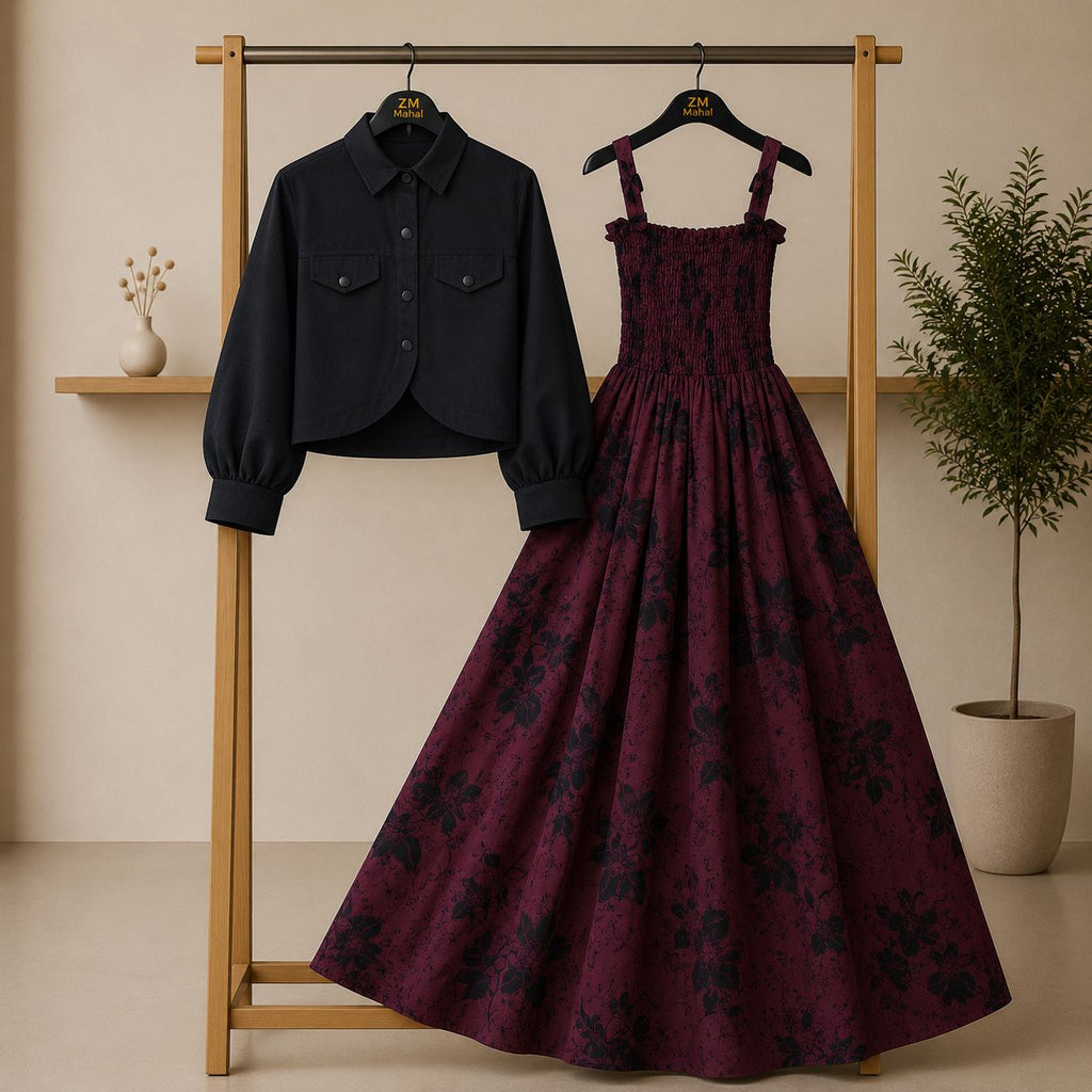 Bintamal Floral Turkish Style Smokie Maxi Dress Set with Jacket