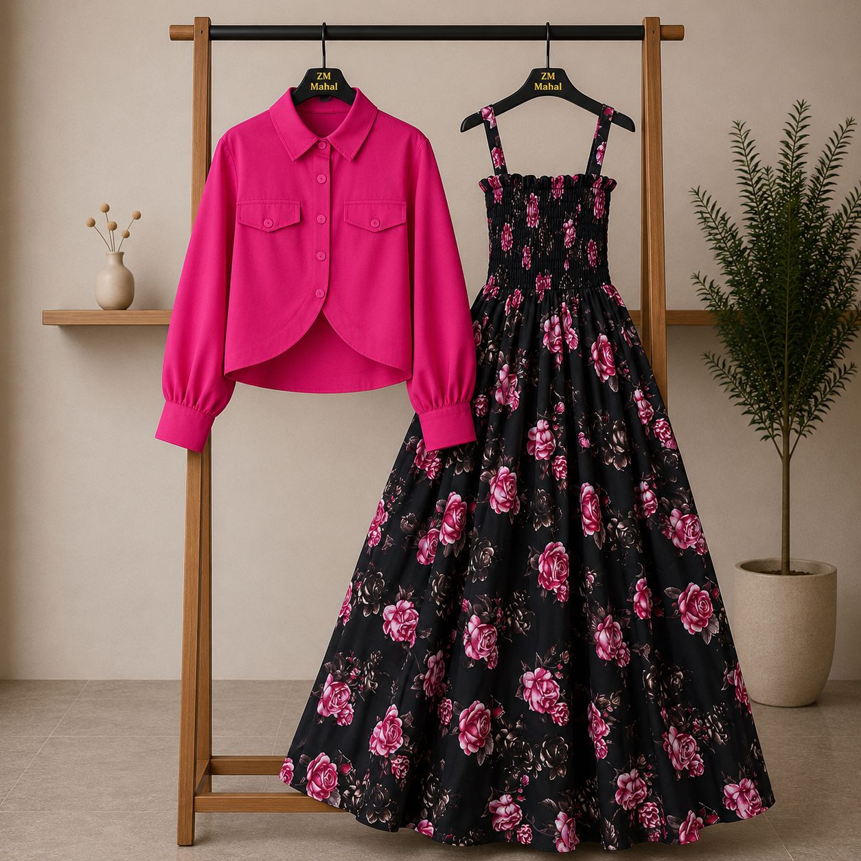 Bintamal Floral Turkish Style Smokie Maxi Dress Set with Jacket