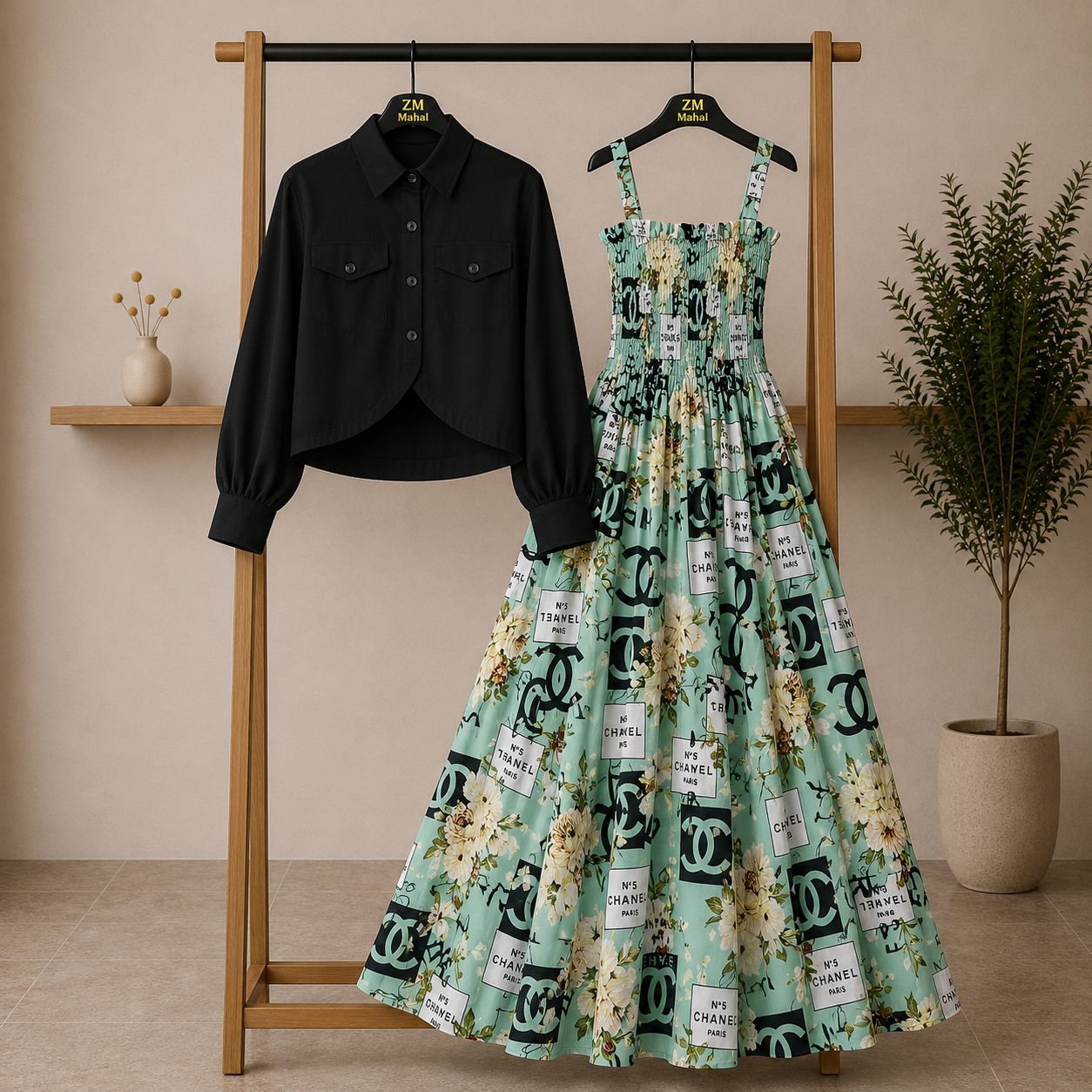 Bintamal Floral Turkish Style Smokie Maxi Dress Set with Jacket
