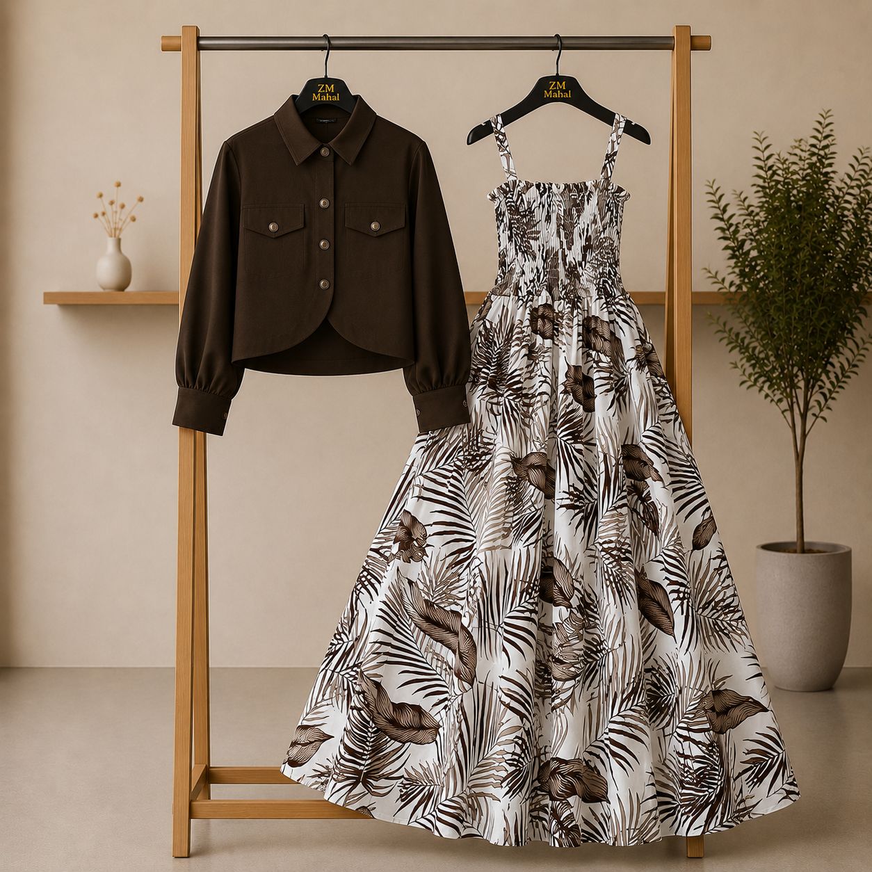 Bintamal Floral Turkish Style Smokie Maxi Dress Set with Jacket