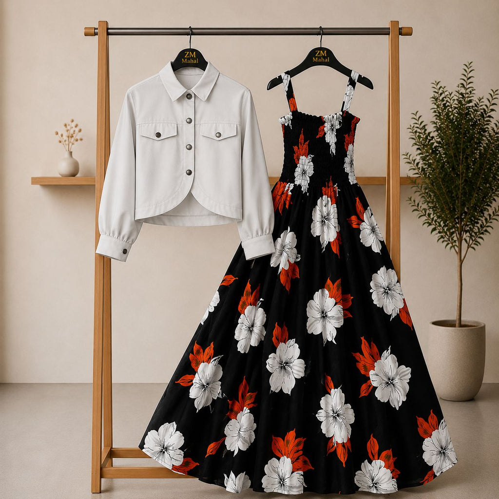 Bintamal Floral Turkish Style Smokie Maxi Dress Set with Jacket