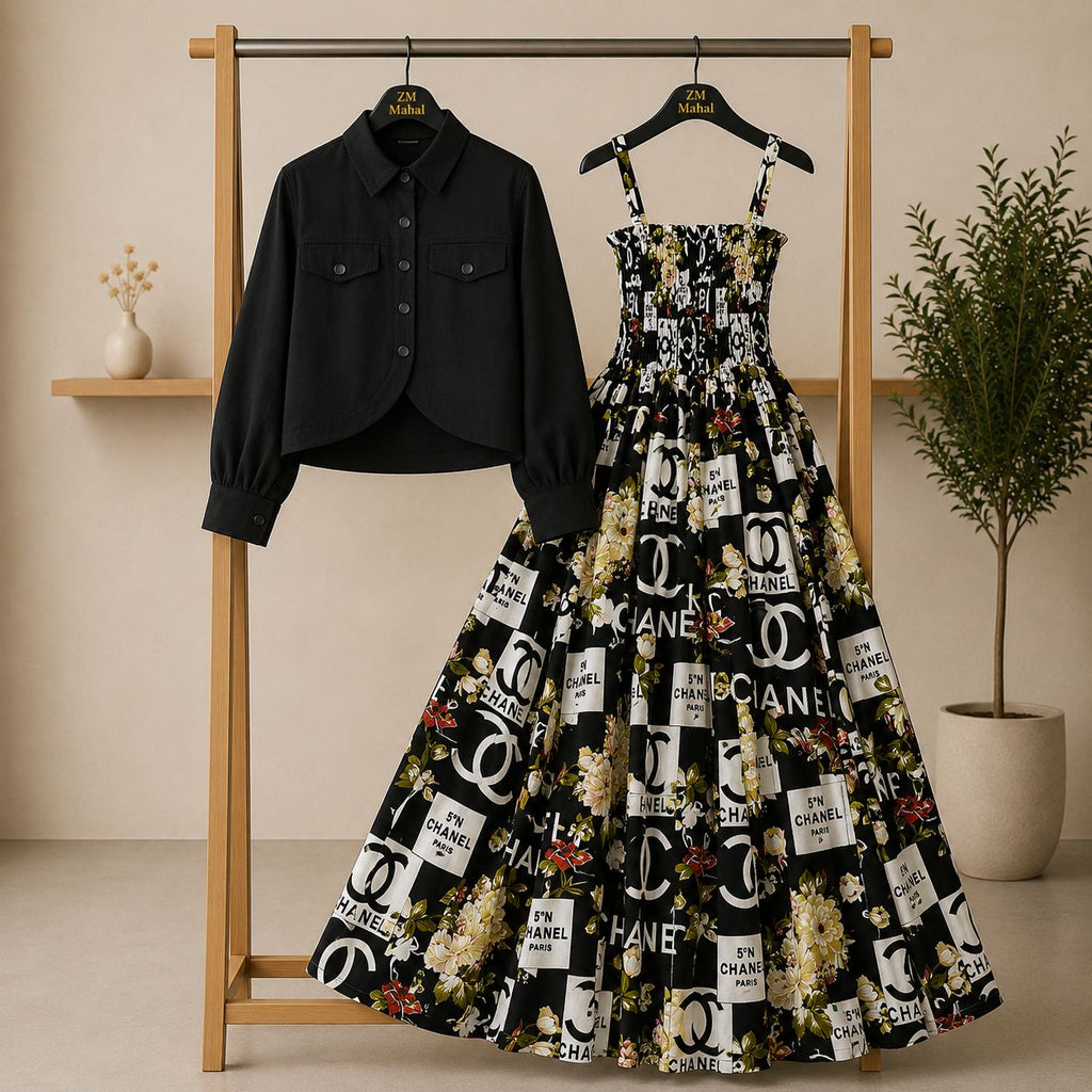 Bintamal Floral Turkish Style Smokie Maxi Dress Set with Jacket