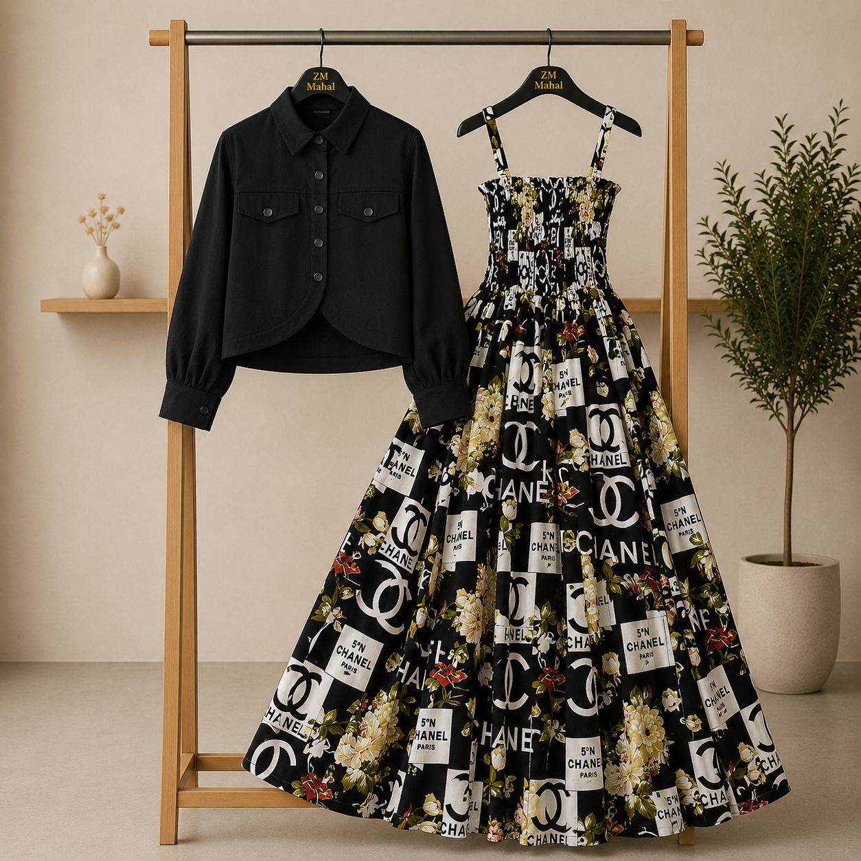 Bintamal Floral Turkish Style Smokie Maxi Dress Set with Jacket