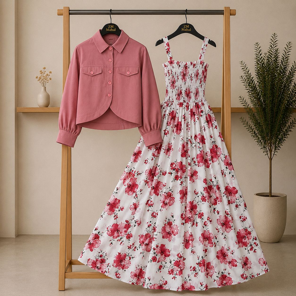 Bintamal Floral Turkish Style Smokie Maxi Dress Set with Jacket