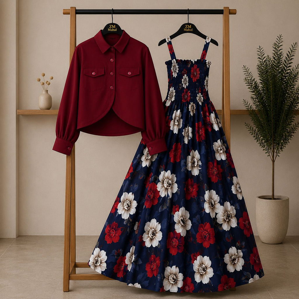 Bintamal Floral Turkish Style Smokie Maxi Dress Set with Jacket