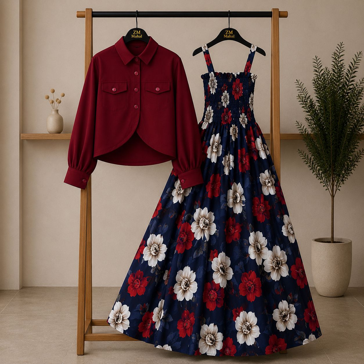 Bintamal Floral Turkish Style Smokie Maxi Dress Set with Jacket