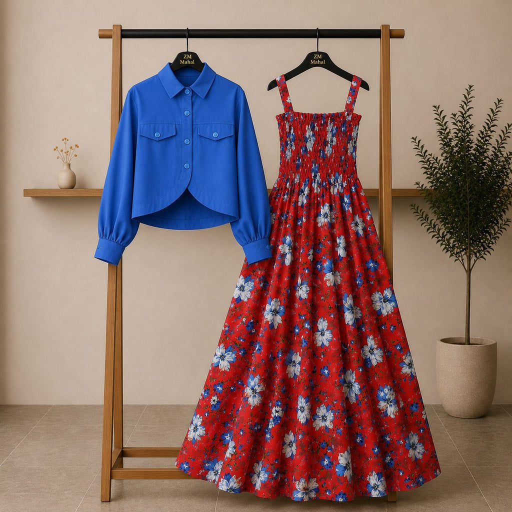 Bintamal Floral Turkish Style Smokie Maxi Dress Set with Jacket