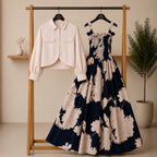 Bintamal Floral Turkish Style Smokie Maxi Dress Set with Jacket
