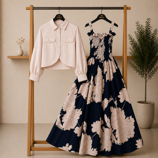 Bintamal Floral Turkish Style Smokie Maxi Dress Set with Jacket