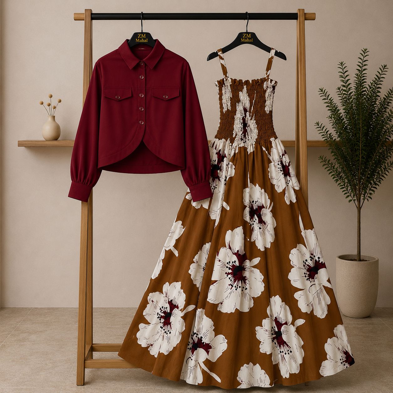 Bintamal Floral Turkish Style Smokie Maxi Dress Set with Jacket