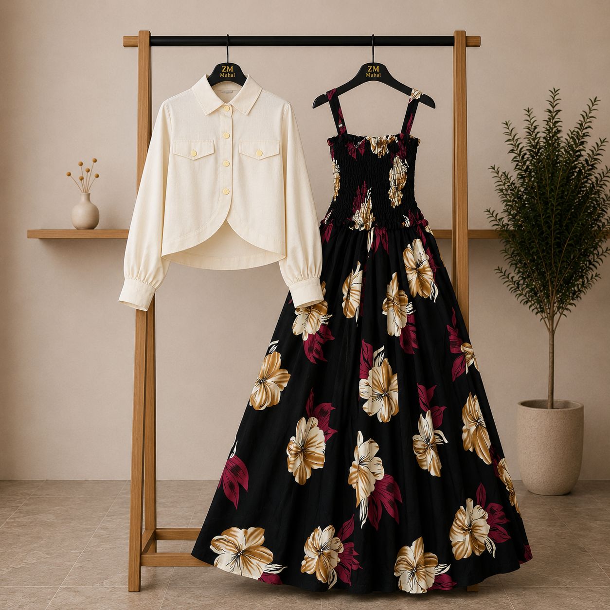 Bintamal Floral Turkish Style Smokie Maxi Dress Set with Jacket
