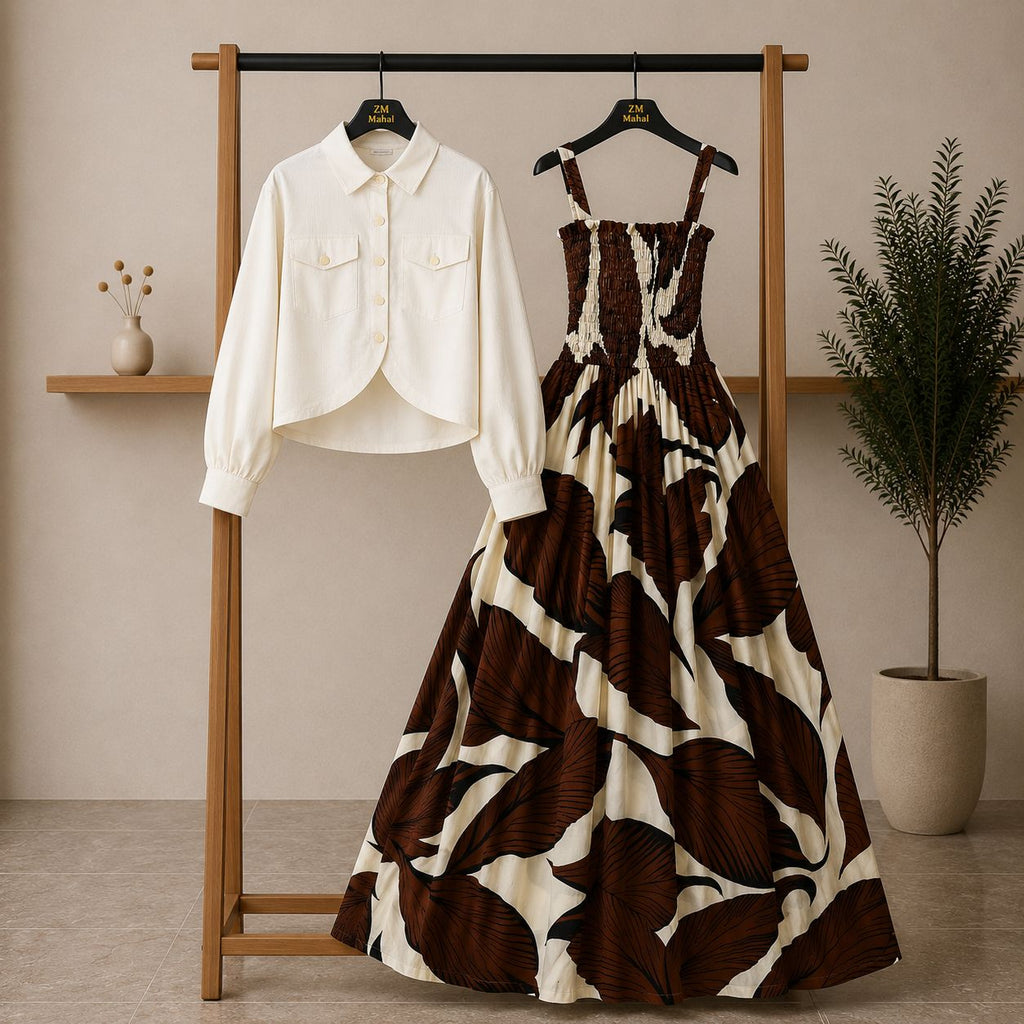 Bintamal Floral Turkish Style Smokie Maxi Dress Set with Jacket