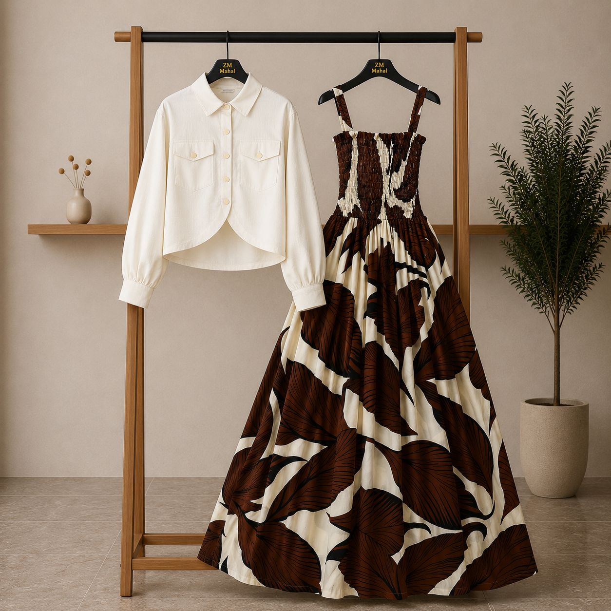 Bintamal Floral Turkish Style Smokie Maxi Dress Set with Jacket