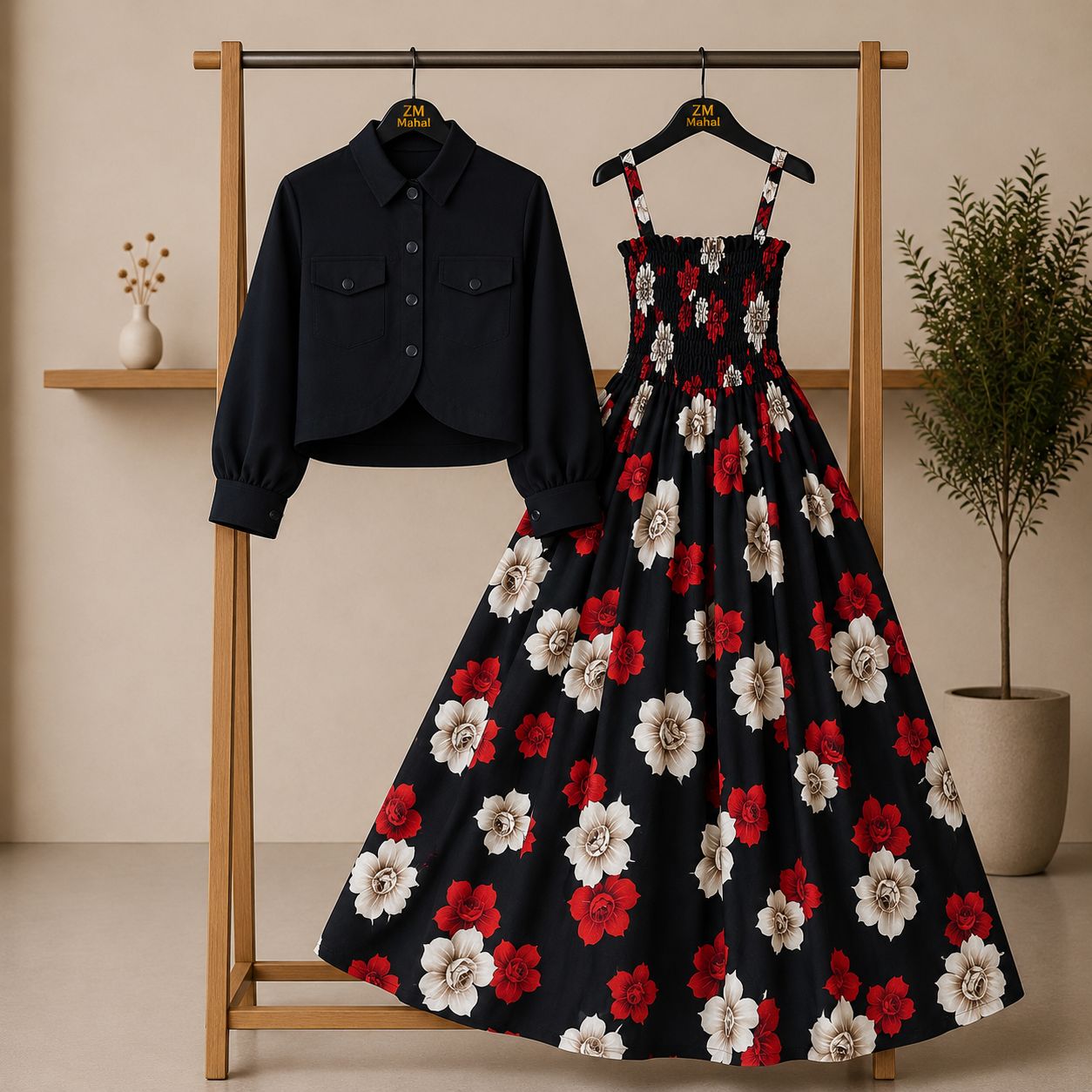 Bintamal Floral Turkish Style Smokie Maxi Dress Set with Jacket