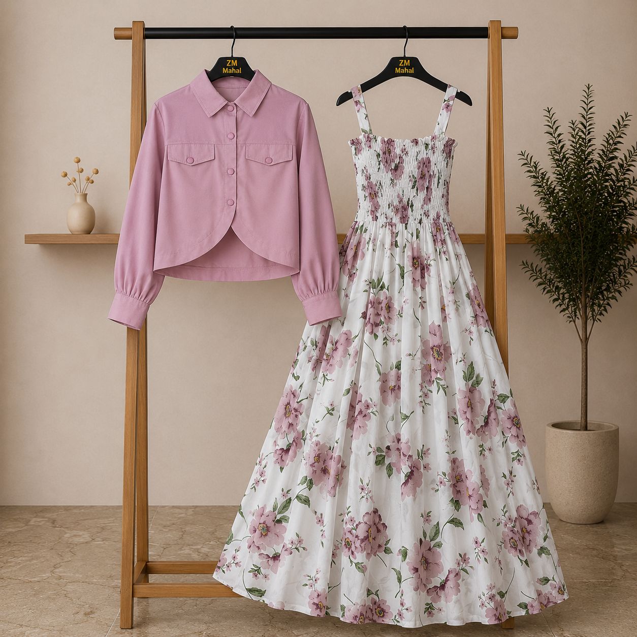 Bintamal Floral Turkish Style Smokie Maxi Dress Set with Jacket