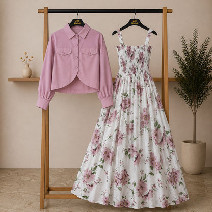 Bintamal Floral Turkish Style Smokie Maxi Dress Set with Jacket