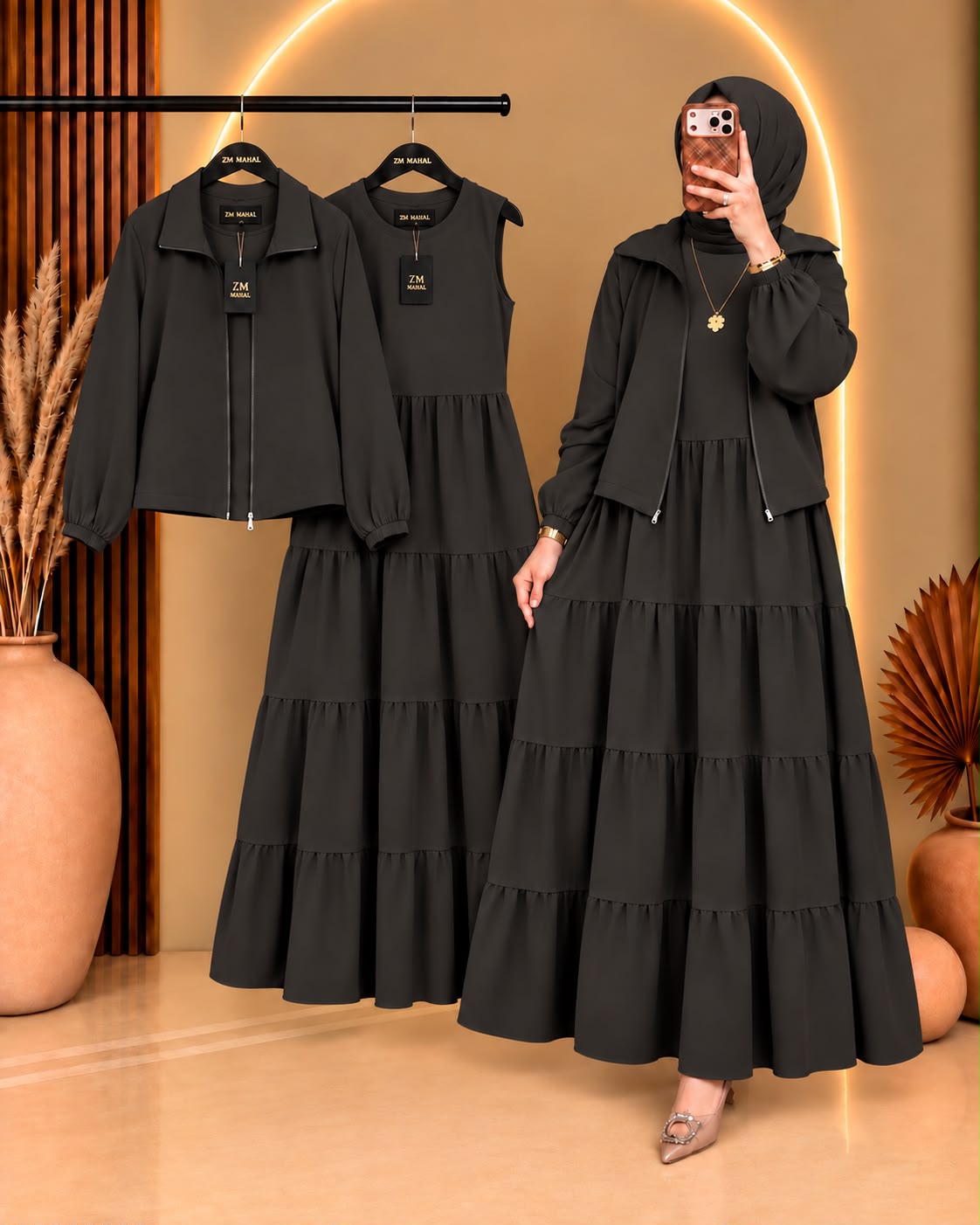 Elif Turkish Tiered Maxi & Jacket Set | ZM-036 - Navy Blue, L | SphereOutfit