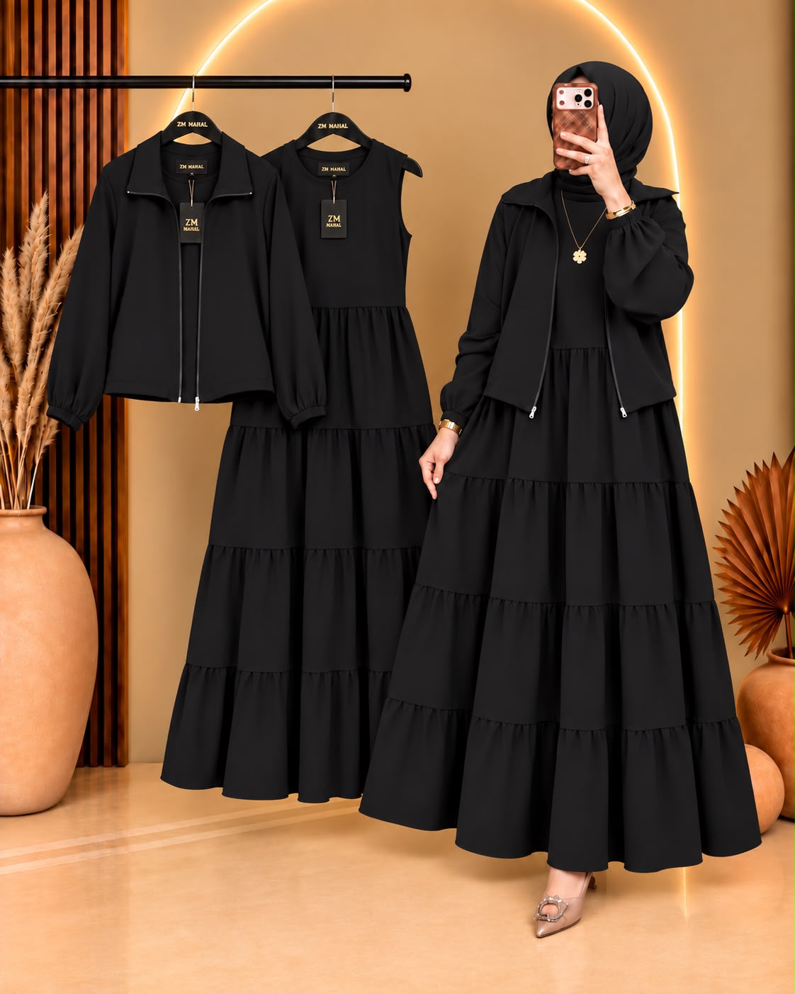 Elif Turkish Tiered Maxi & Jacket Set | ZM-036 - Black, S | SphereOutfit