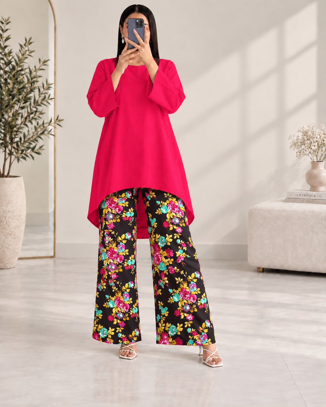 Lelan High-Low Shirt & Printed Wide-Leg Co-Ord Set