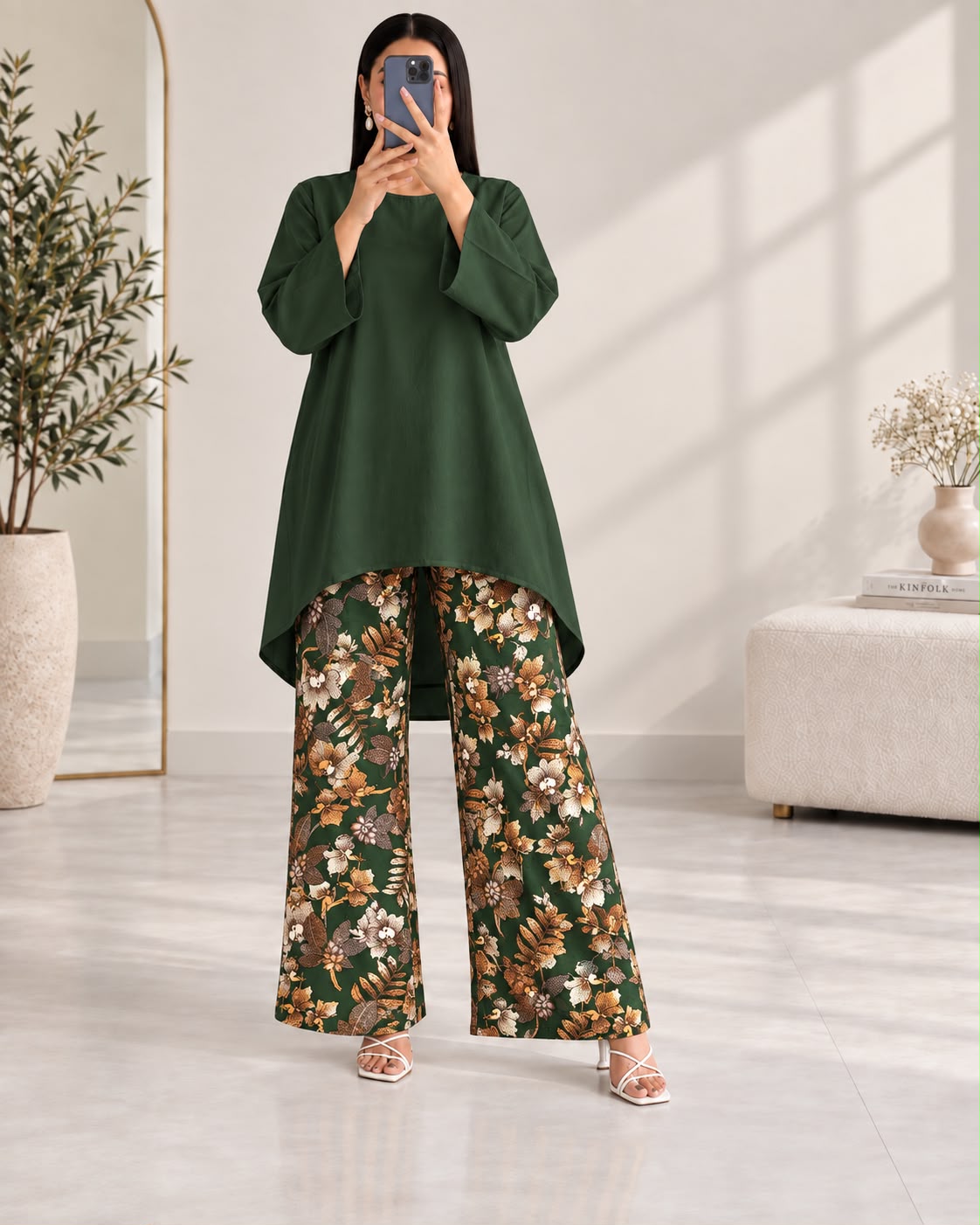 Lelan High-Low Shirt & Printed Wide-Leg Co-Ord Set