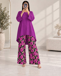 Lelan High-Low Shirt & Printed Wide-Leg Co-Ord Set