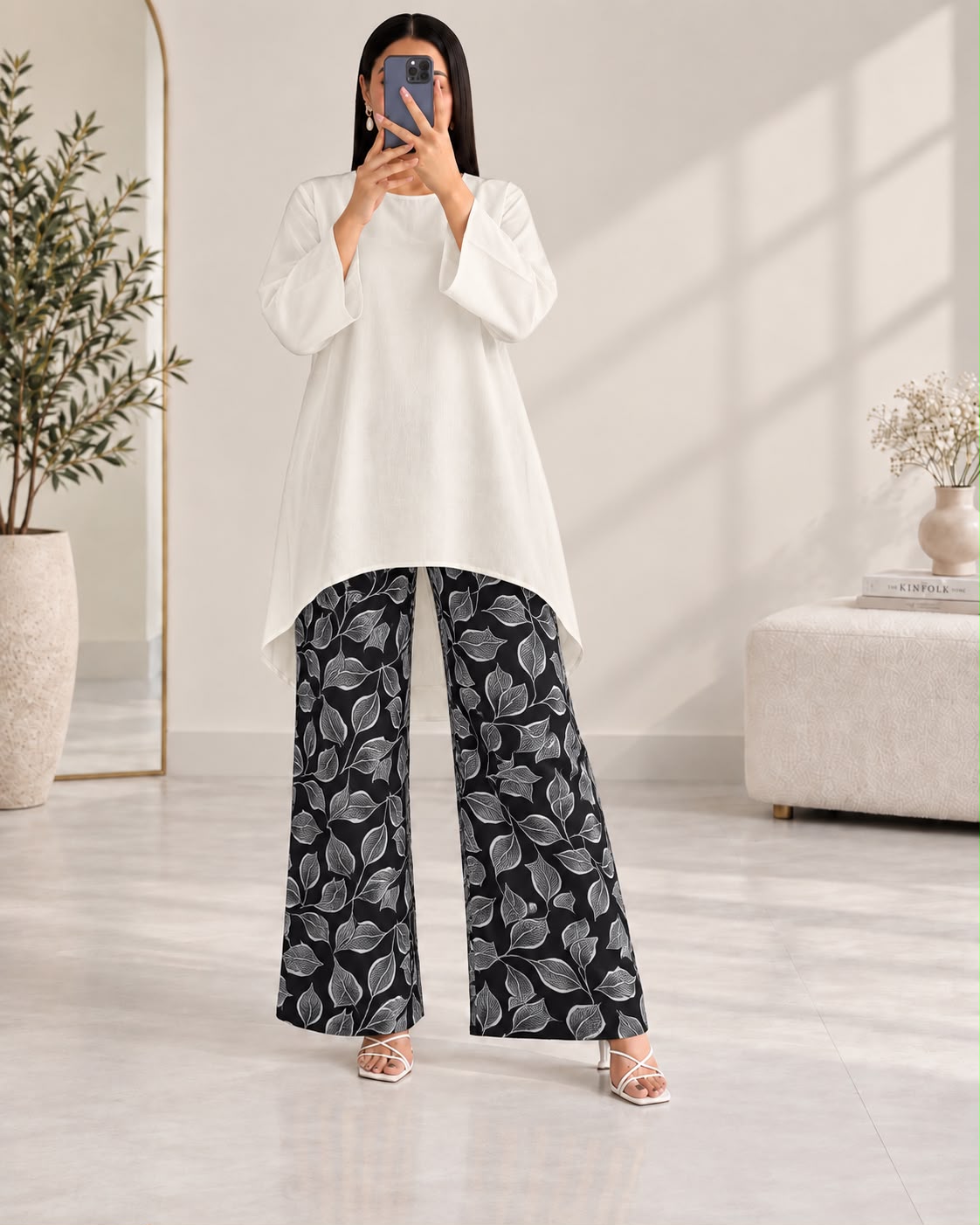 Lelan High-Low Shirt & Printed Wide-Leg Co-Ord Set