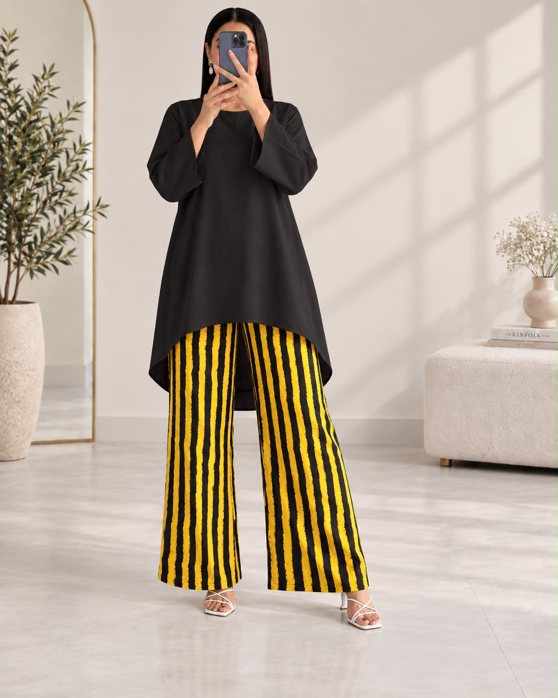 Lelan High-Low Shirt & Printed Wide-Leg Co-Ord Set