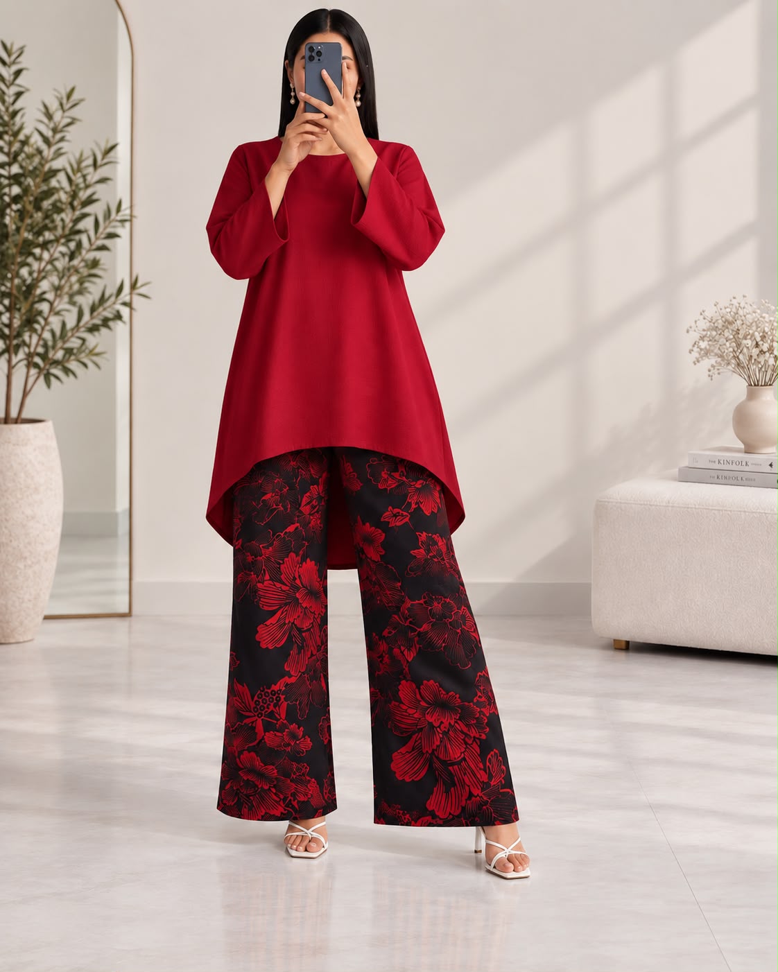 Lelan High-Low Shirt & Printed Wide-Leg Co-Ord Set