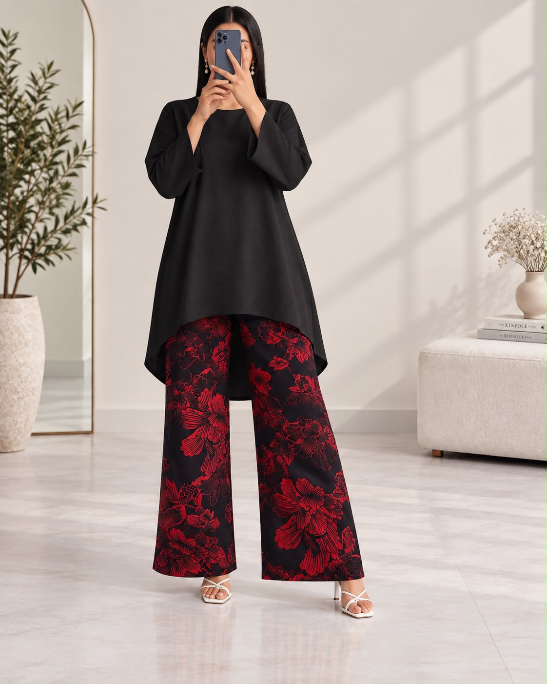Lelan High-Low Shirt & Printed Wide-Leg Co-Ord Set