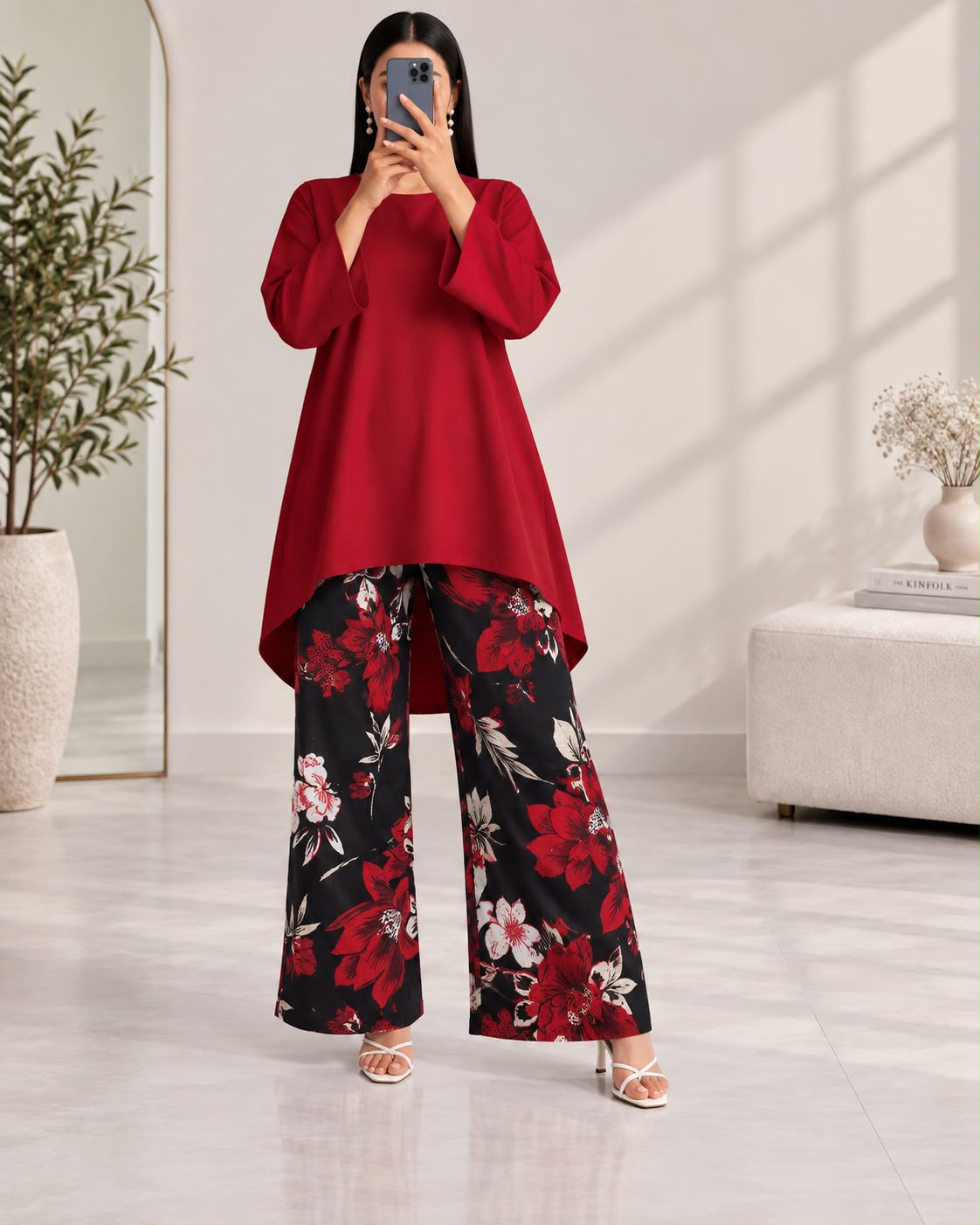 Lelan High-Low Shirt & Printed Wide-Leg Co-Ord Set