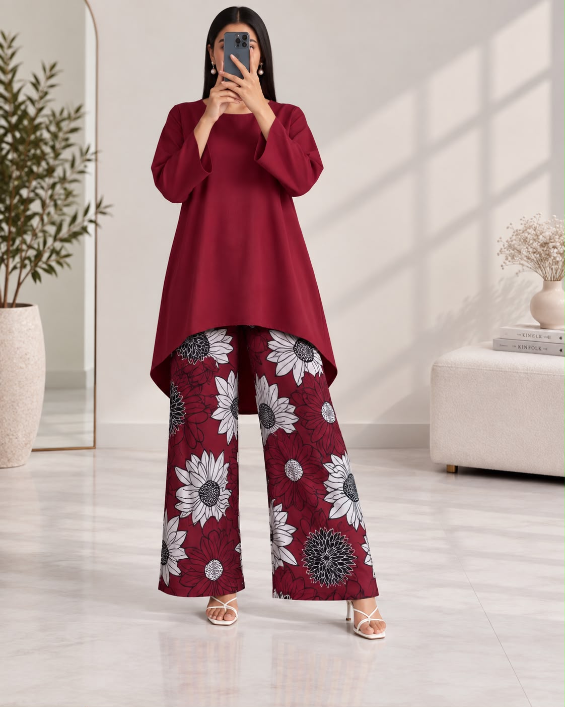 Lelan High-Low Shirt & Printed Wide-Leg Co-Ord Set