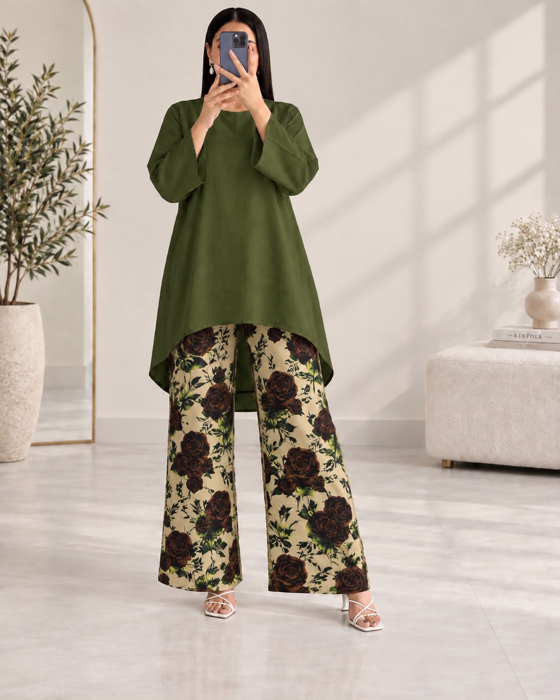 Lelan High-Low Shirt & Printed Wide-Leg Co-Ord Set