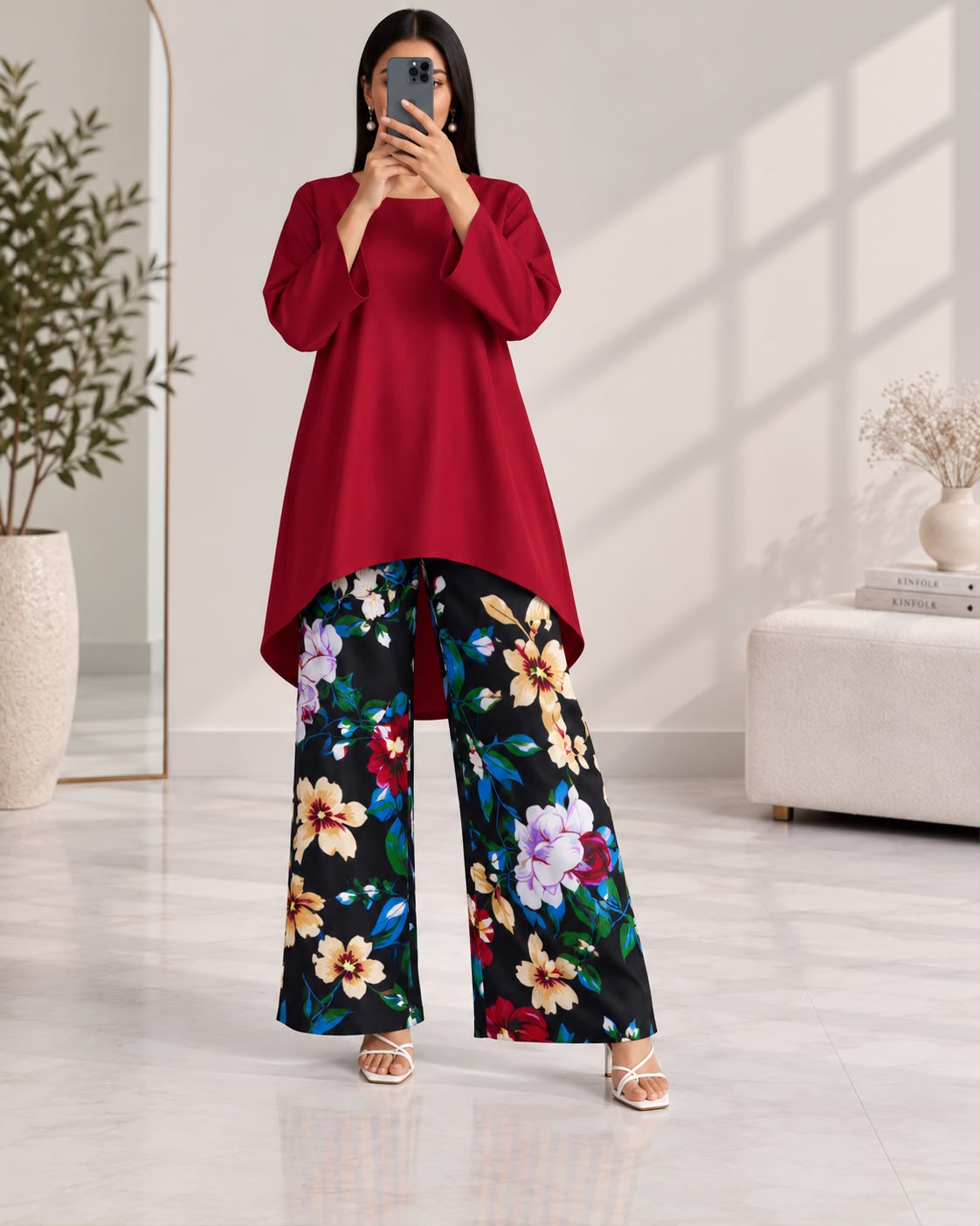 Lelan High-Low Shirt & Printed Wide-Leg Co-Ord Set