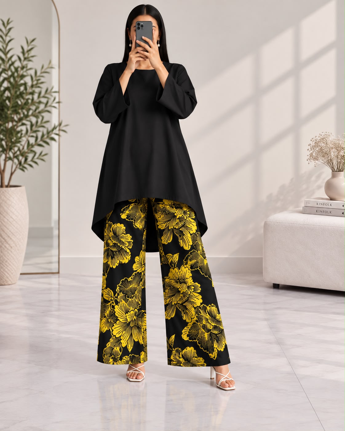 Lelan High-Low Shirt & Printed Wide-Leg Co-Ord Set