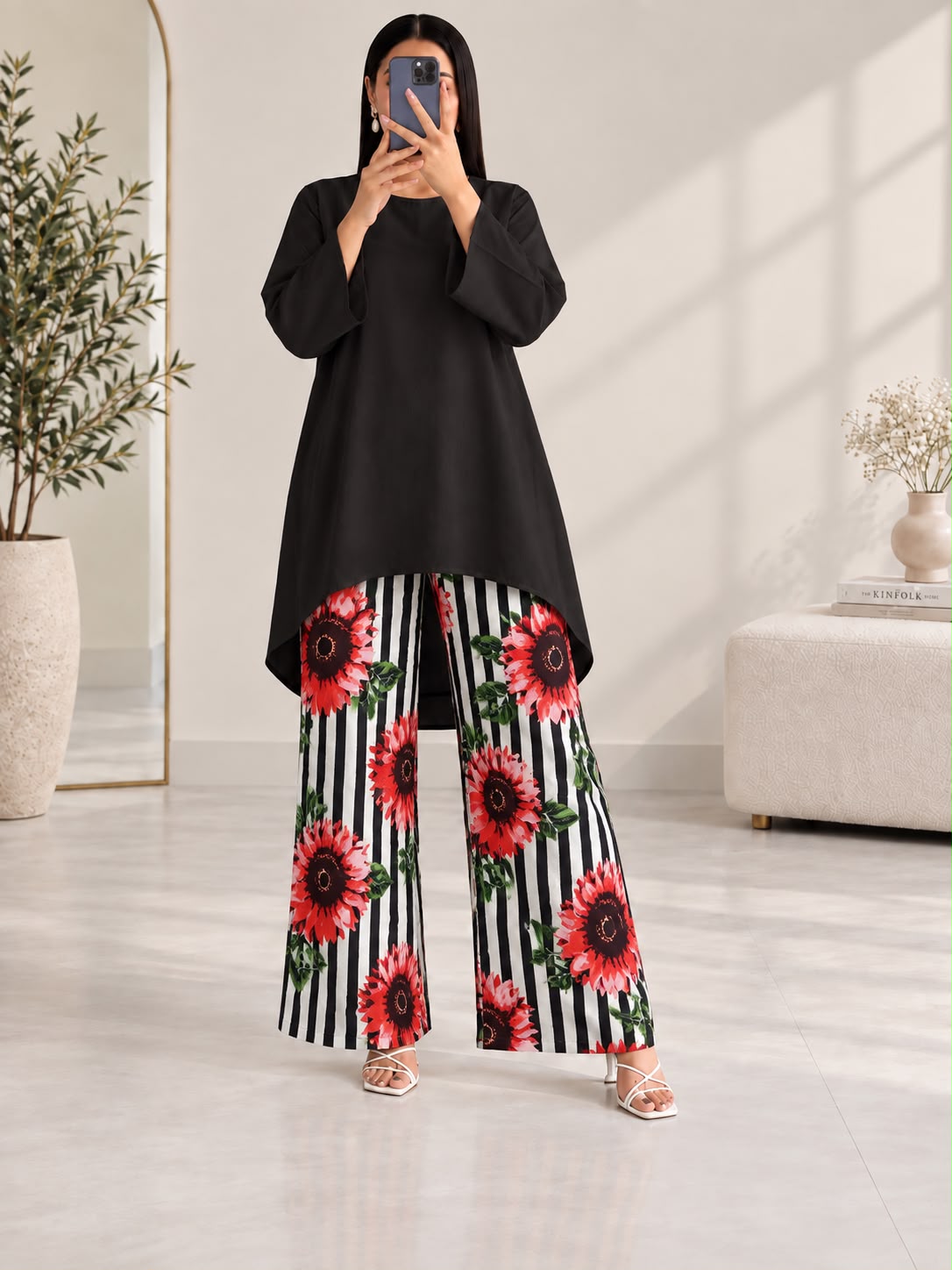Lelan High-Low Shirt & Printed Wide-Leg Co-Ord Set