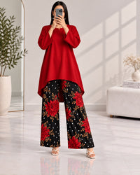 Lelan High-Low Shirt & Printed Wide-Leg Co-Ord Set