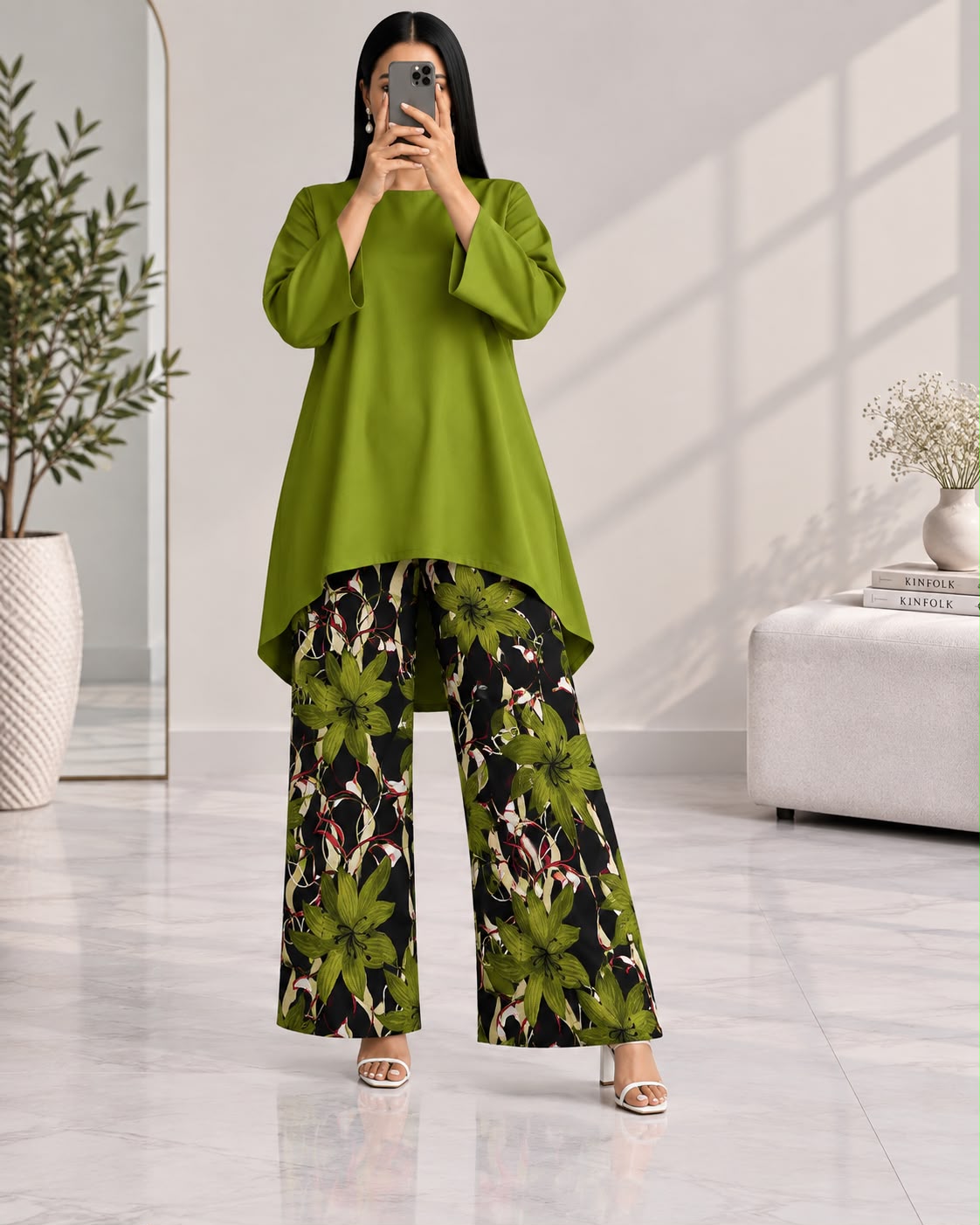 Lelan High-Low Shirt & Printed Wide-Leg Co-Ord Set