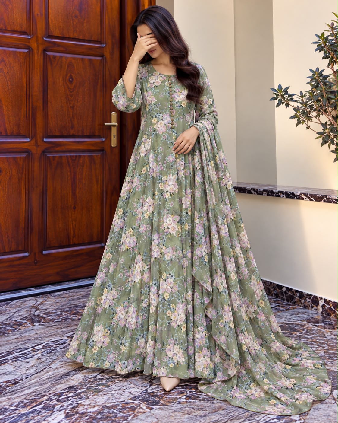 Stylish Bonanza Style 2 Piece Floral Frock with Dupatta Code-2