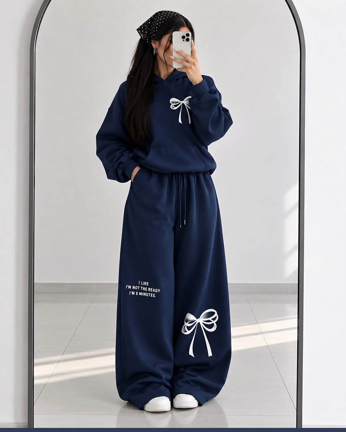 Turkish Style Bow Fleece Hoodie & Wide Leg Co-Ord Set - Navy Blue | AmalXpress