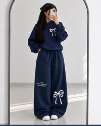 Turkish Style Bow Fleece Hoodie & Wide Leg Co-Ord Set - Navy Blue | AmalXpress