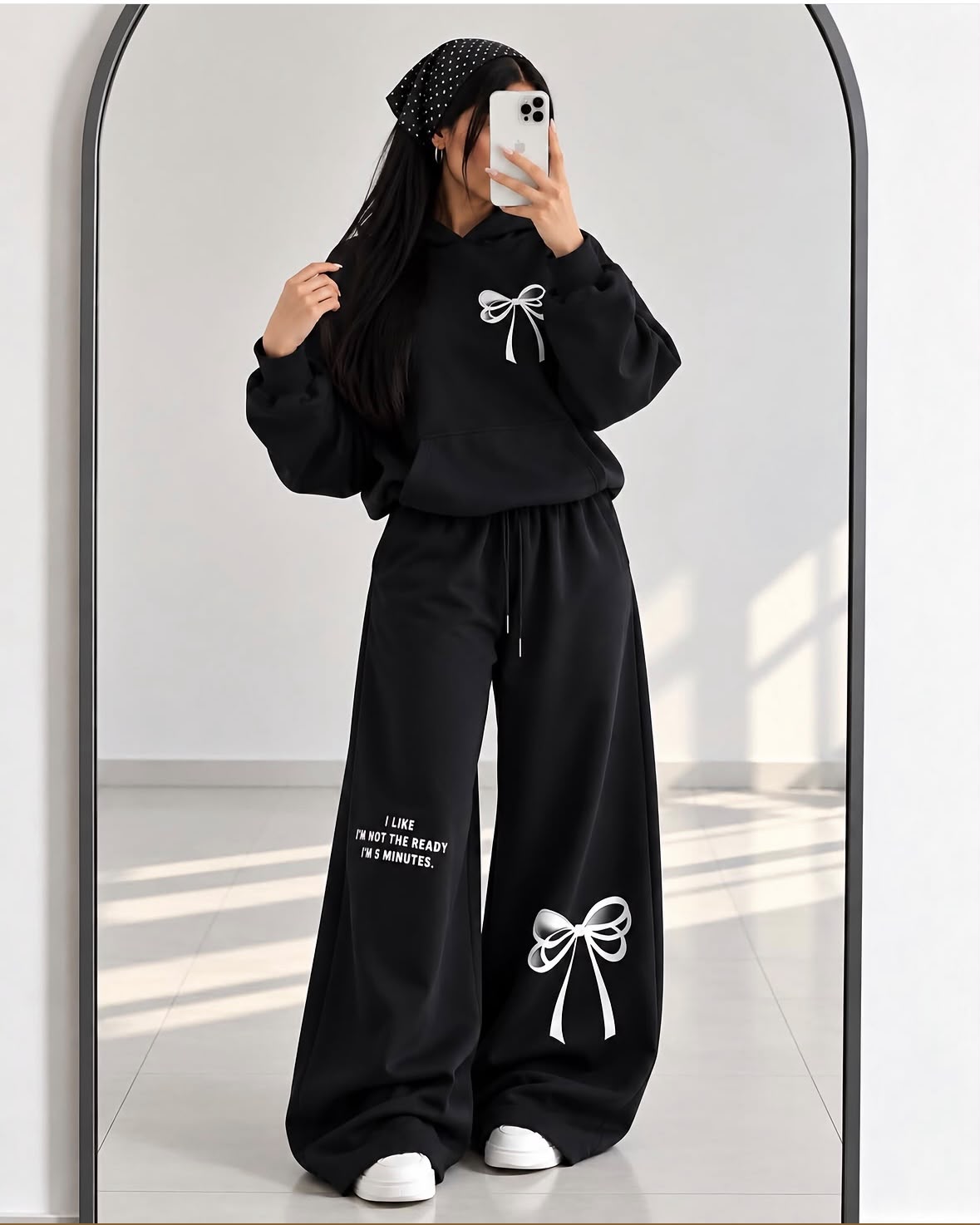 Turkish Style Bow Fleece Hoodie & Wide Leg Co-Ord Set - Navy Blue | AmalXpress