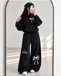 Turkish Style Bow Fleece Hoodie & Wide Leg Co-Ord Set - Navy Blue | AmalXpress