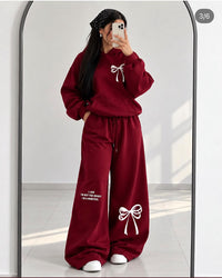 Turkish Style Bow Fleece Hoodie & Wide Leg Co-Ord Set - Maroon | AmalXpress