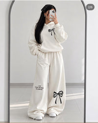 Turkish Style Bow Fleece Hoodie & Wide Leg Co-Ord Set - Navy Blue | AmalXpress