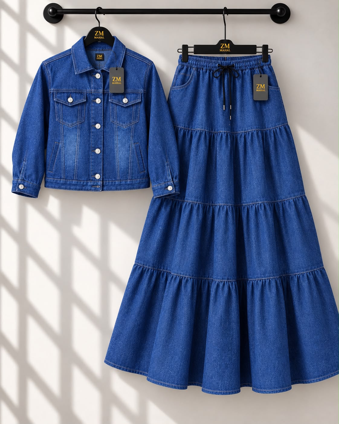 Dark Denim denim jacket and tiered maxi skirt two piece set ZM-040 - AmalXpress